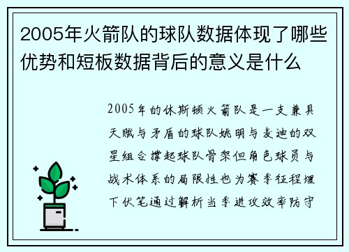 2005年火箭队的球队数据体现了哪些优势和短板数据背后的意义是什么